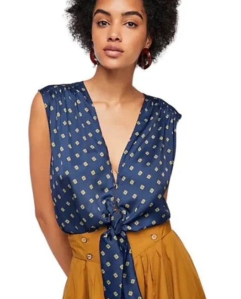Free People Mornings In Marrakesh Navy Tie Front Sleeveless Satin Blouse Top M